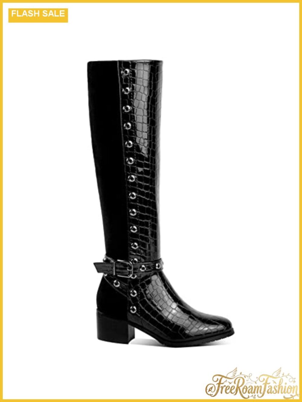 Faux Leather Knee-High Crocodile Print Boots with Perforated Trim